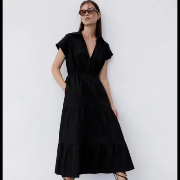zara black poplin midi dress Zara + Asymmetric Poplin Dress